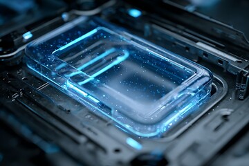 Futuristic Technology CloseUp of Glowing Rectangular Element with Blue Light and Metallic Details