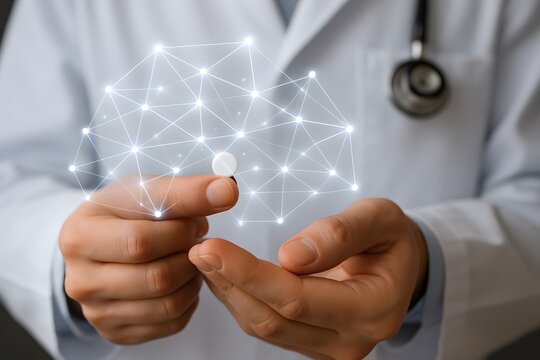 Doctor holding a pill with a glowing digital network overlay representing healthcare technology