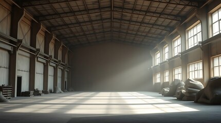 Cavernous empty warehouse illuminated by sunlight with filled burlap sacks