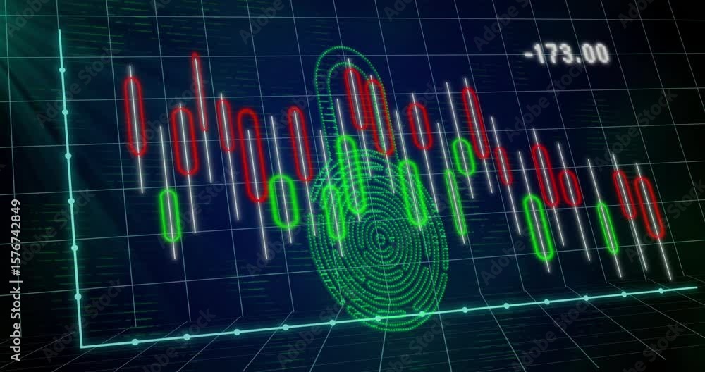 Poster fingerprint hologram appearing initiating locking, chart values shifting from negative to positive