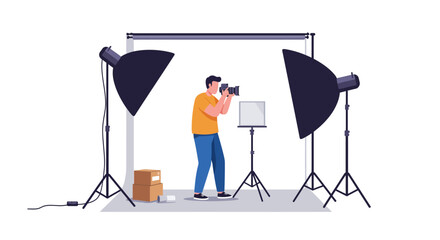 Photographer in Studio: Professional Photo Shoot Setup with Lighting and Backdrop.
