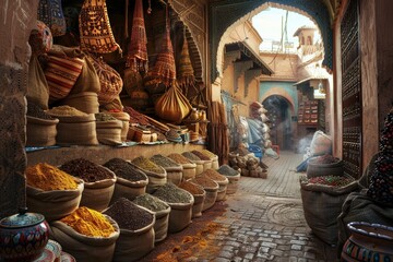 Fototapeta premium Narrow market alley with handcrafted goods and pottery