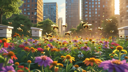 Urban garden buzzing with activity as bees pollinate flowers amidst the city , the growing trend of beekeeping in urban environments