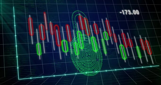 Fingerprint hologram appearing initiating locking, chart values shifting from negative to positive