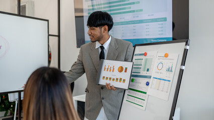 Naklejka premium the atmosphere of working together between the marketing and accounting departments, business people meet together to find solutions to the company's problems, finance, financial, businessman