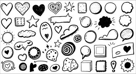 Hand-drawn doodle art collection featuring a variety of black and white shapes: hearts, stars, clouds, speech bubbles, sun, and abstract elements on a white background.