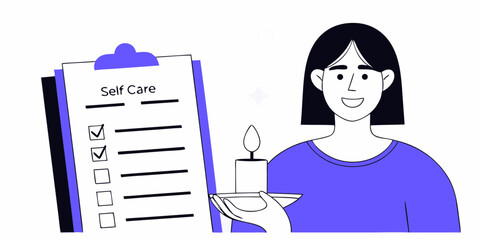 Woman practices self care with a checklist and candle, a simple design element suited for wellbeing and mental health applications.