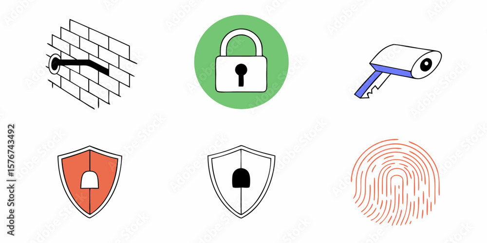 Poster modern icons related to data security create a symbolic representation of safety, surveillance, and 