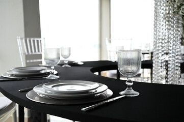 table set in ballroom, elegant wedding reception table with candlesticks, luxury dinner arrangement...