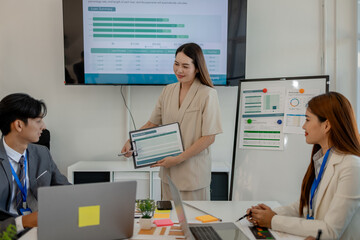 entrepreneurs discuss together to brainstorm and solve problems in various departments of the...
