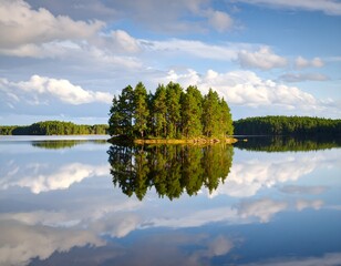 Obraz premium Tree Island on Calm Lake Under Blue Sky