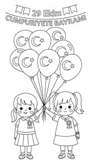 Two happy children holding balloons with turkish flags isolated on transparent background
