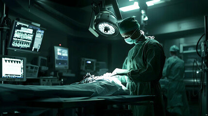 A female surgeon, focused and precise, performs a delicate operation in a dimly lit operating room. The cool green tones and intense atmosphere create a sense of urgency and professionalism.