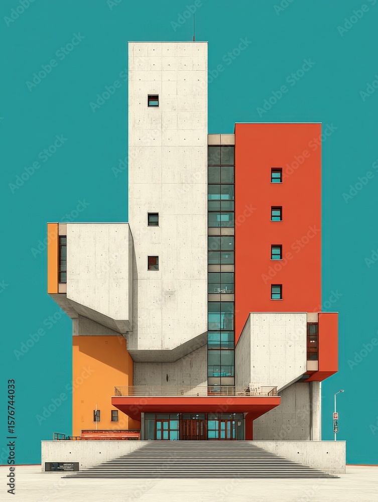 Poster modern multi-colored concrete building with vertical and horizontal structures featu small and a vib