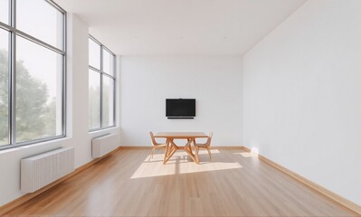 Fototapeta premium Minimalist living space with wooden table, chairs, and TV, large windows letting in natural light.