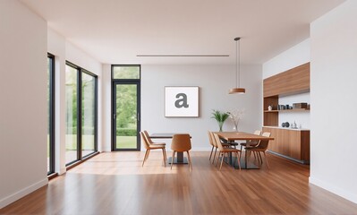 Fototapeta premium Modern dining room with wooden table, chairs, large windows, and minimalist decor.