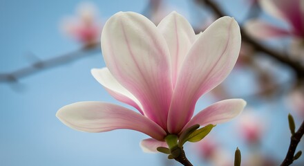Fototapeta premium Delicate Pink Magnolia Blossom Against a Soft Blue Sky Background