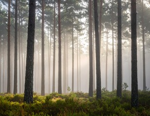 Obraz premium Pine Forest Sunlight Morning Scene
