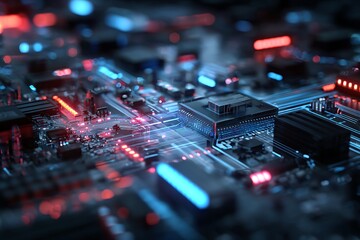 Illuminated Motherboard CloseUp Red and Blue LEDs Highlight Central Processing Unit and Components