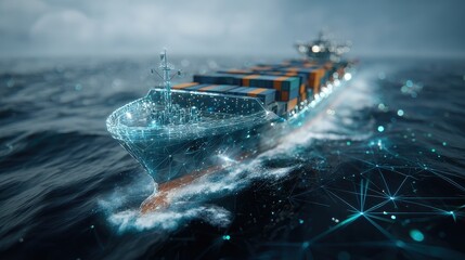 Futuristic container ship made of transparent glass floating above digital ocean grid, advanced global shipping concept