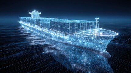 Futuristic container ship made of transparent glass floating above digital ocean grid, advanced global shipping concept