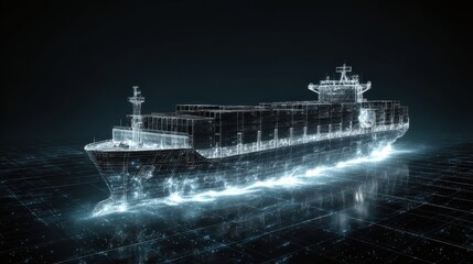 Futuristic container ship made of transparent glass floating above digital ocean grid, advanced global shipping concept