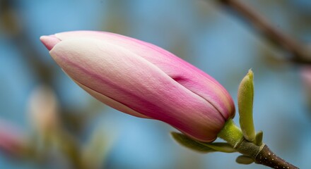 Delicate Pink Magnolia Bud Against Soft Blue Background, Close-Up View