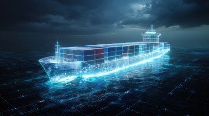 Futuristic container ship made of transparent glass floating above digital ocean grid, advanced global shipping concept