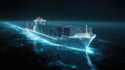 Futuristic container ship made of transparent glass floating above digital ocean grid, advanced global shipping concept