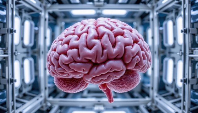 Highly detailed digital illustration of human brain in a high-tech laboratory environment with advanced machinery and futuristic lighting for science and medical themes