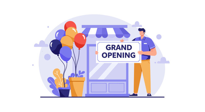 Grand Opening Celebration: Flat Illustration of a Man Holding a Sign in Front of a New Store with Balloons and Plants. - Powered by Adobe