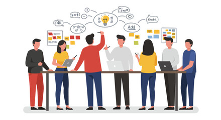 Collaborative Brainstorming Session: Team Members Discussing Ideas with Mind Map Illustration.