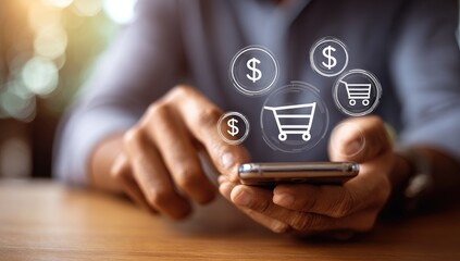 Person using smartphone, shopping cart, and dollar signs overlayed