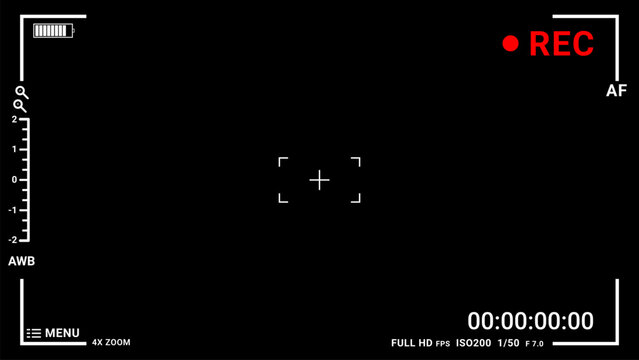 Digital video recording screen red REC indicator autofocus black background viewfinder timer recording timecode camera filming production movie broadcast