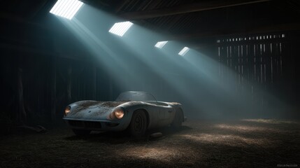 Vintage discovery: dusty classic sports car in sunlit barn find
