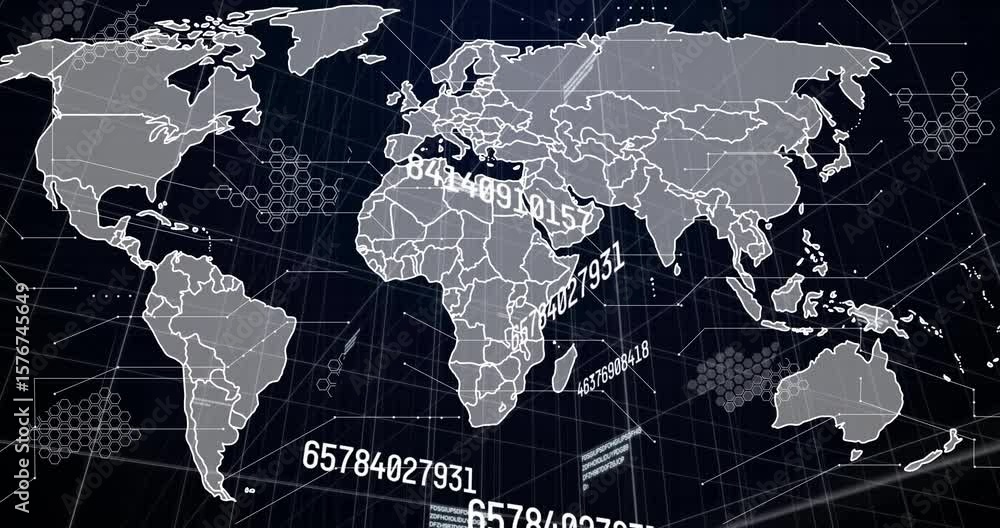 Poster incoming data feed starting world map animating numeric streams and beams showing data exchange