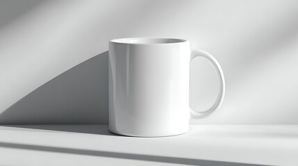Obraz premium Minimalist White Ceramic Mug Standing on a White Surface with Shadows and Light