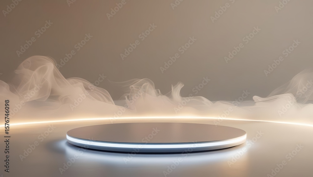 Poster modern illuminated circular platform with subtle fog and minimal background, futuristic showcase or 