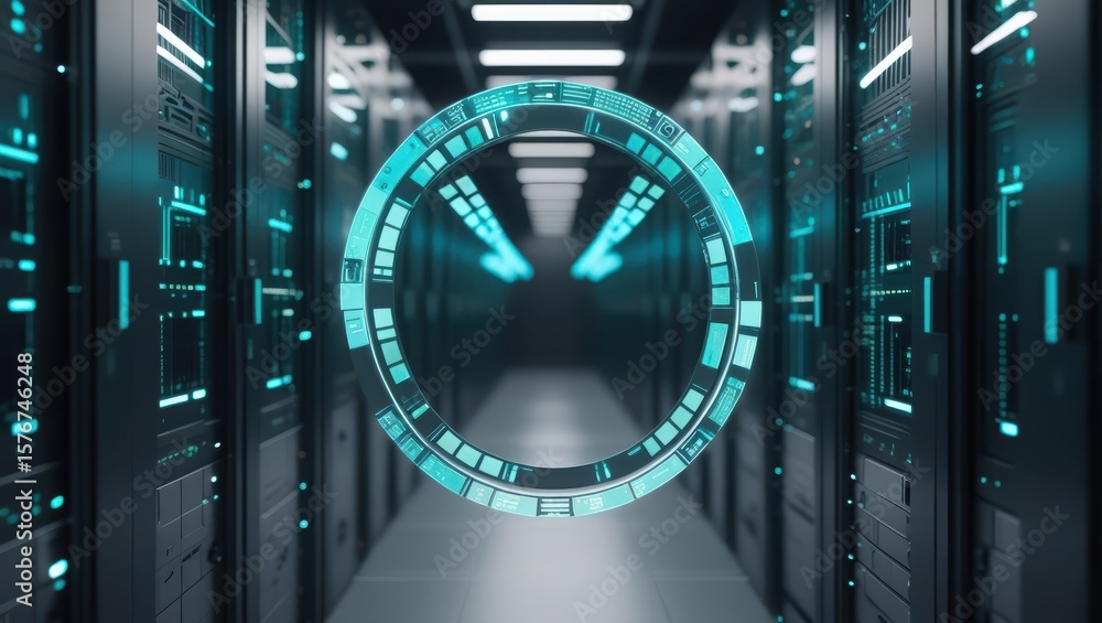 Poster high tech futuristic data center with glowing digital interface and servers in a modern technology e