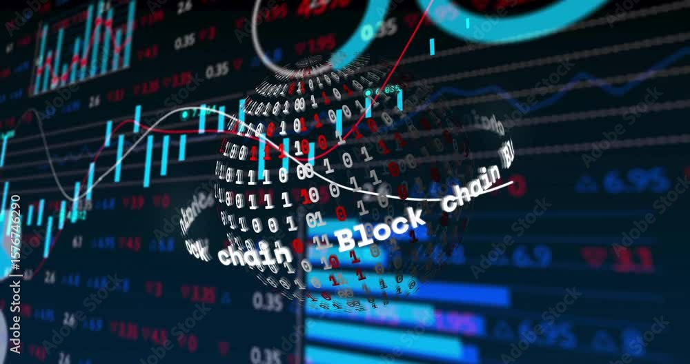 Poster binary sphere emerging from dark data grid and rotating clockwise visualizing blockchain trends