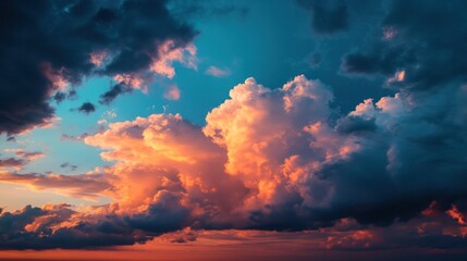 A breathtaking sunset illuminating fluffy clouds, creating a stunning display of color in the sky.