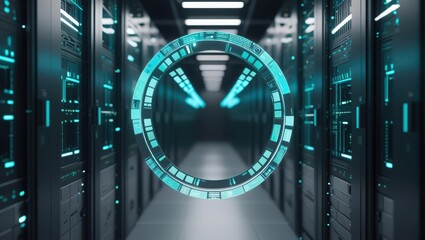 High tech futuristic data center with glowing digital interface and servers in a modern technology environment with advanced hardware and digital technology