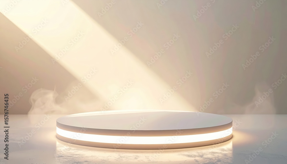 Poster modern minimalistic round white platform with glowing led light on smooth surface against soft backg