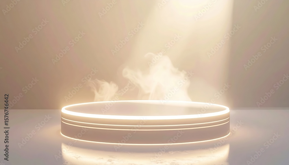 Poster minimalist circular platform with glowing edges and rising steam, illuminated by soft warm light in 