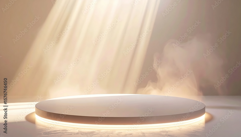 Poster minimalist circular platform with soft glowing lights and fog effect illuminated by warm natural sun
