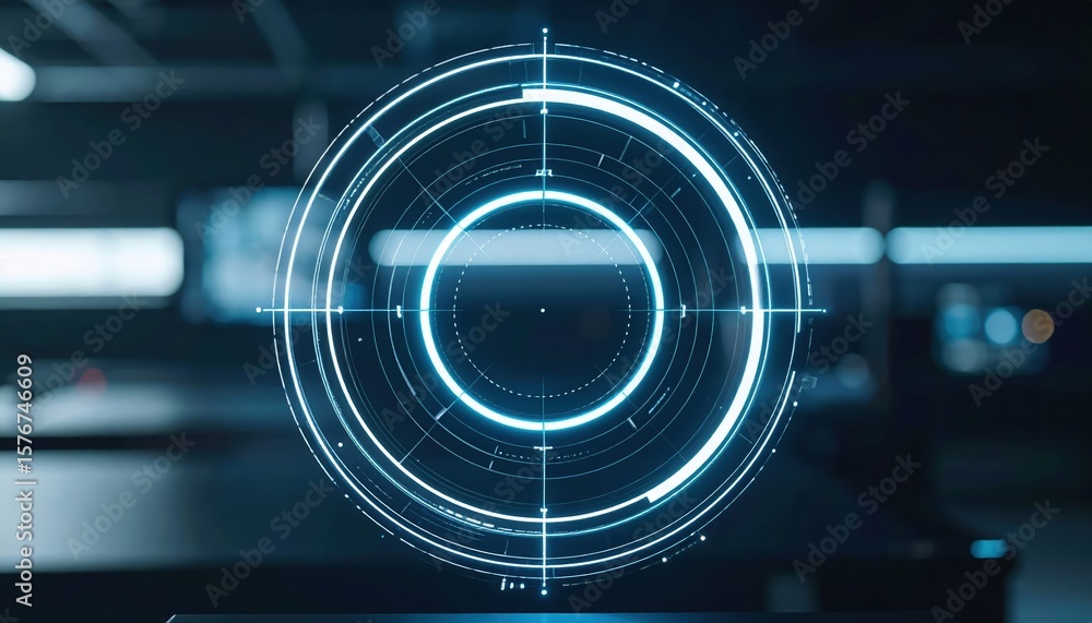 Poster futuristic digital ing interface or holographic crosshair display with glowing blue concentric circl