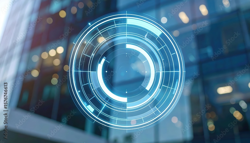 Poster futuristic circular digital interface hologram with high tech glowing design over blurred city backg