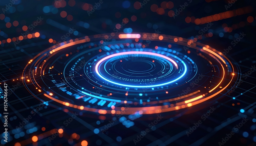 Poster futuristic digital interface with glowing circular data visualization and vibrant technological back
