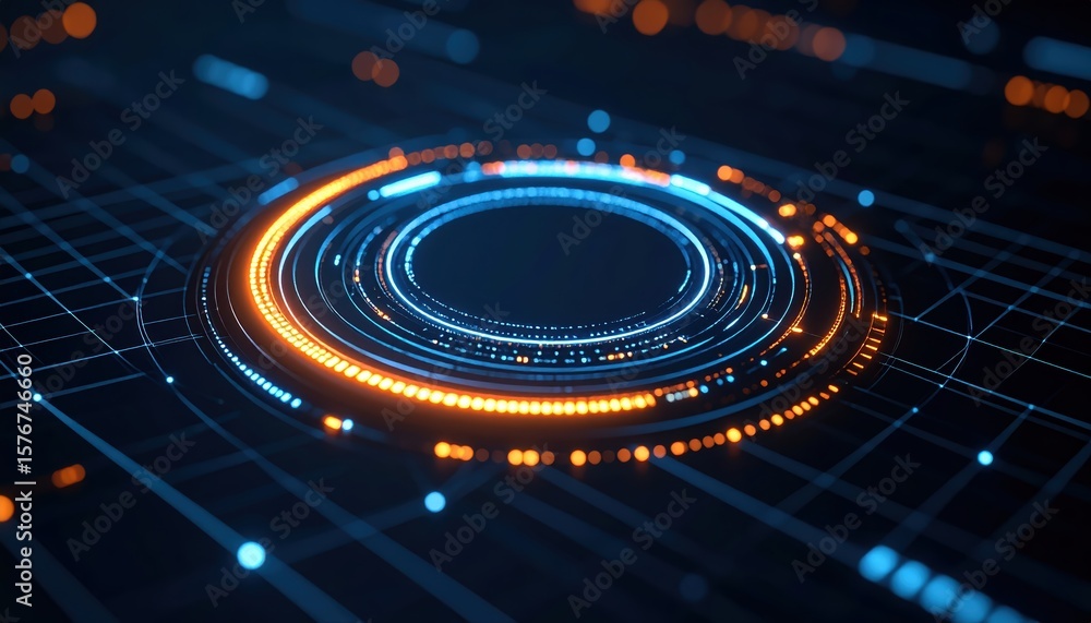 Poster futuristic digital interface with glowing circular technology hologram in dark environment represent