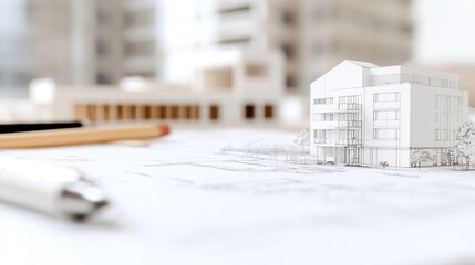 A detailed model of a contemporary building on architectural plans, highlighting design and creativity in modern architecture.